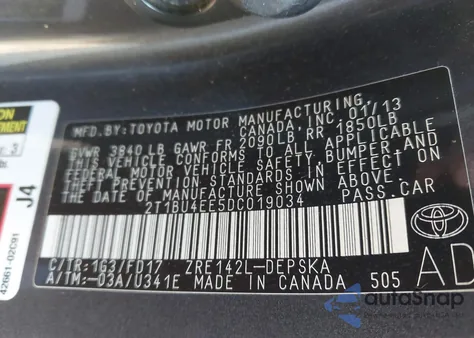 2013 Toyota Corolla S from USA, damaged, VIN 2T1BU4EE5DC019034